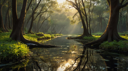 A snowy landscape with frost-covered trees under a pale winter sun.の写真素材