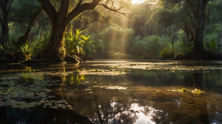 A calm pond filled with blooming lotus flowers.の写真素材