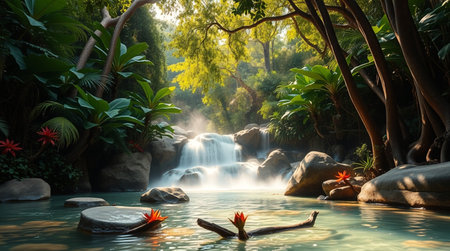 A lush valley surrounded by tall mountain cliffs.の写真素材