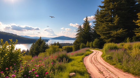 A scenic lakeside cabin surrounded by nature.の写真素材