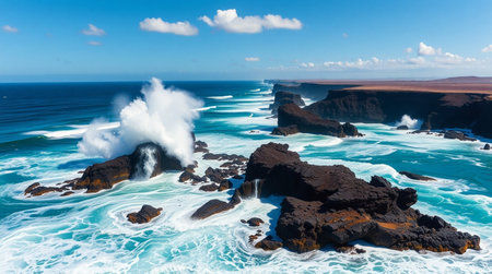A foggy coastal cliff with seagulls flying overhead.の写真素材