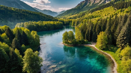 A peaceful forest river with fallen logs and calm currents.の写真素材