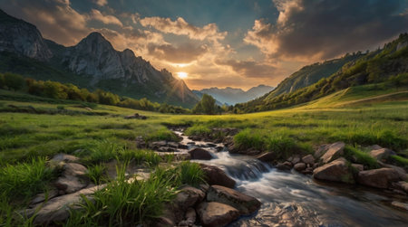 A remote desert plain glowing under a fiery sunset.の写真素材