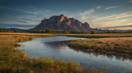 A soft pastel sunset over a shimmering lake.の写真素材