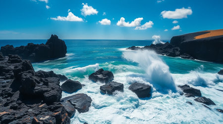 A crystal-clear lake reflecting snow-capped mountains under a bright blue sky.の写真素材