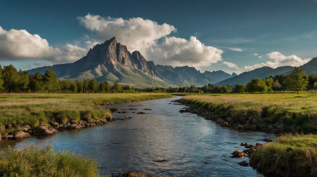 A rocky stream flowing through a mountain forest.の写真素材