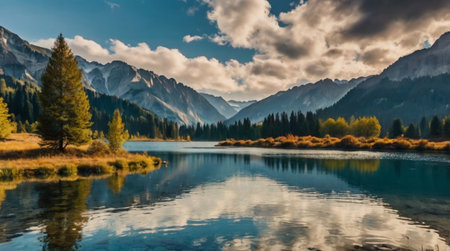 A serene lake with still water reflecting the sky.の写真素材