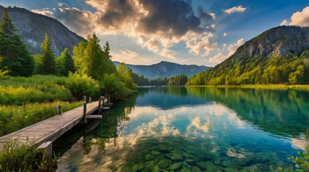 A snowy forest clearing glowing in gentle winter light.の写真素材