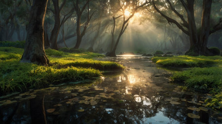 A tranquil valley filled with early-morning fog.の写真素材