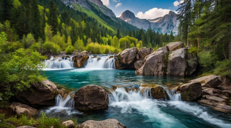 A quiet mountain lake hidden among tall pines.の写真素材