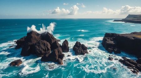 A mountain waterfall surrounded by dense evergreens.の写真素材