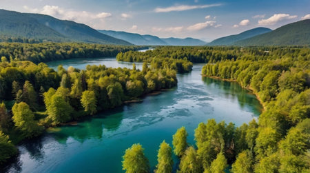 A calm pond filled with blooming lotus flowers.の写真素材