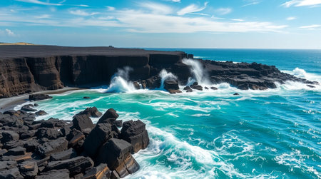 A volcanic landscape with black rocks and glowing molten streams.の写真素材