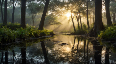A misty morning meadow with dew-covered grass.の写真素材
