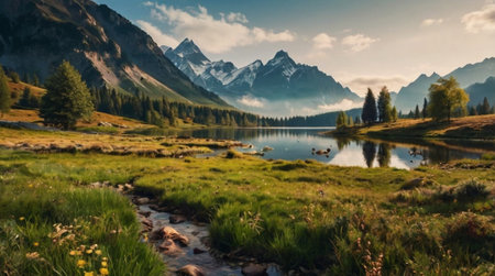 A golden valley glowing under the warm afternoon sun.の写真素材