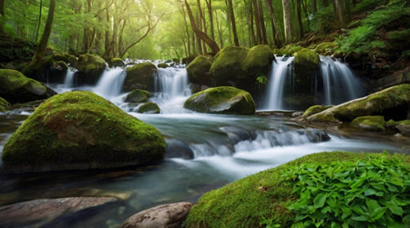 A quiet pine forest with soft moss and fallen needles.の写真素材