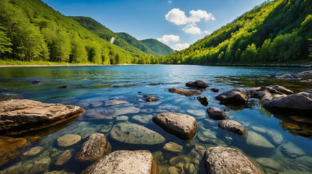A foggy coastal cliff with seagulls flying overhead.の写真素材