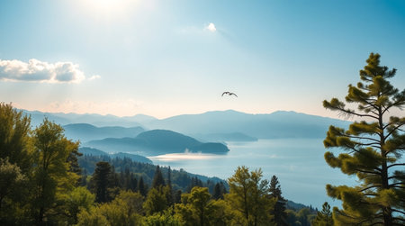 A crystal-clear lake reflecting snow-capped mountains under a bright blue sky.の写真素材