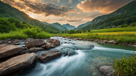 A crystal-clear lake reflecting towering snow-capped mountains under a bright sky.の写真素材