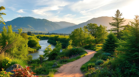 A serene mountain landscape with mist rolling over pine-covered peaks at sunrise.の写真素材