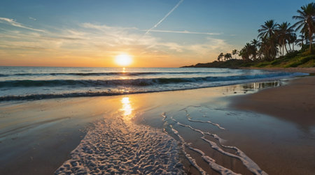 A sunflower field glowing under warm afternoon sunlight.の写真素材