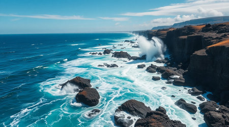A serene lakeshore surrounded by tall grass and reeds.の写真素材