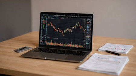 A laptop full of trading graphs stands beside economic documents and a mug on a modern wooden table.の写真素材