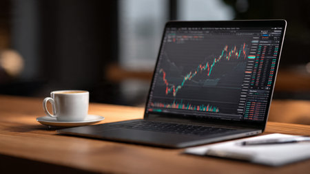 A contemporary wooden desk featuring laptop data screens and a warm ceramic coffee.の写真素材