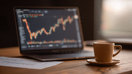 A modern trading setup with live stock charts on a laptop, financial paperwork, and a coffee cup placed neatly on a wooden surface.の写真素材