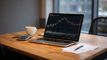 Trendline charts on laptop displayed on a wooden desk alongside notes and coffee.の写真素材