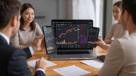 A laptop showing daily market trends, accompanied by printed analysis and a hot coffee.の写真素材