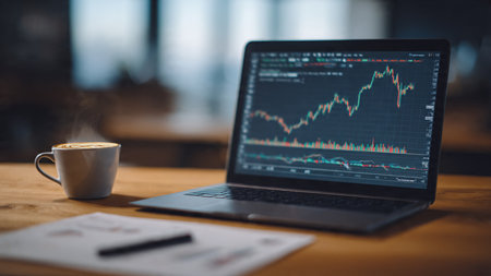 Economic indicator graphs fill the laptop screen on a desk decorated with reports and coffee.の写真素材