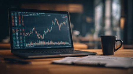 A laptop with analytical charts sits on a wooden desk with documents and a warm beverage beside it.の写真素材