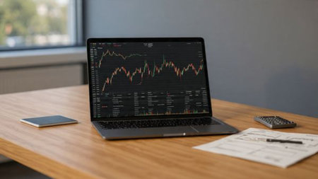 A professional analyzing desk with vibrant charts, printed data, and coffee placed neatly.の写真素材