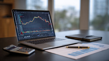 A trading workstation featuring laptop graphs, documents, and coffee in a bright workspace.の写真素材