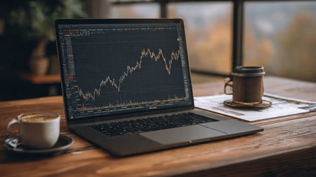 Financial performance graphs displayed on laptop sitting near reports and morning brew.の写真素材