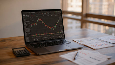 A laptop showcasing market analytics surrounded by investment papers and warm coffee.の写真素材
