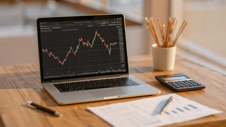A laptop lit with economic trends sits among documents and coffee on a modern desk.の写真素材