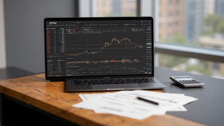 A laptop screen showing dynamic price movement sits alongside reports and a warm coffee beverage.の写真素材