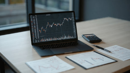 Bright trading interface on laptop sits beside reports and warm coffee cup.の写真素材