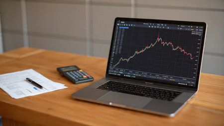 Trading charts fill the laptop screen next to financial documents and a steaming coffee on a wooden desk.の写真素材