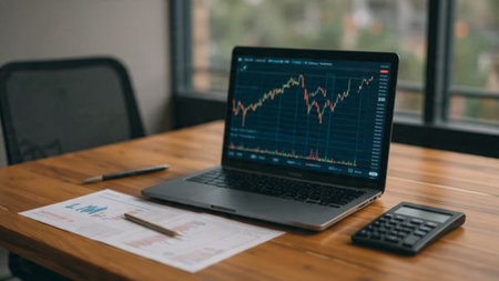 A polished desk setup with market analytics, printed documents, and hot beverage.の写真素材