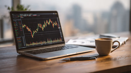 A wooden office desk holds a laptop displaying economic data, reports, and a classic white coffee cup.の写真素材