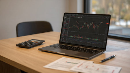 A minimalist wooden desk features a laptop with market graphs, economic indicators, and a fresh cup of coffee.の写真素材