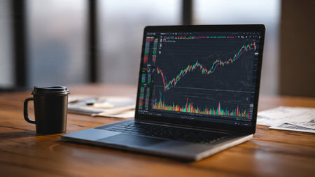 A wooden desktop scene showing colorful trading charts on a laptop, financial notes, and a fresh cup of coffee.の写真素材