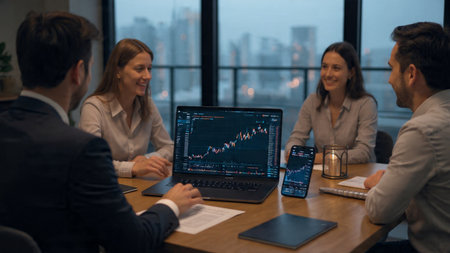 A laptop showing daily market trends, accompanied by printed analysis and a hot coffee.の写真素材
