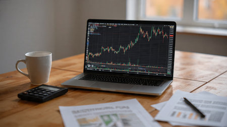 A wooden office desk displays trading charts, economic data, and a cup of black coffee.の写真素材