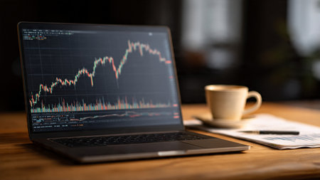 Laptop showing stock market heat maps sits near financial references and coffee on a desk.の写真素材