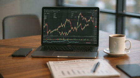 A polished wooden table supporting a laptop full of financial analytics and a coffee mug.の写真素材