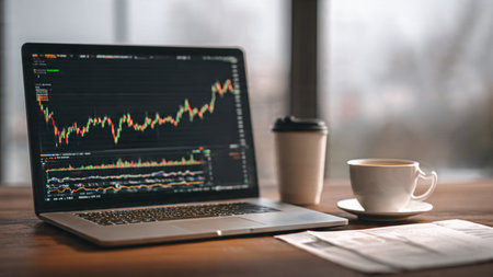 A trading setup with vibrant chart displays, fundamental reports, and hot coffee on a wooden table.の写真素材